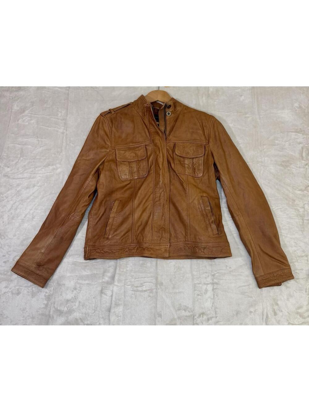 Lucky Brand Leather Jacket Women Large Brown Moto Zip Snap Collar Genuin Leather
